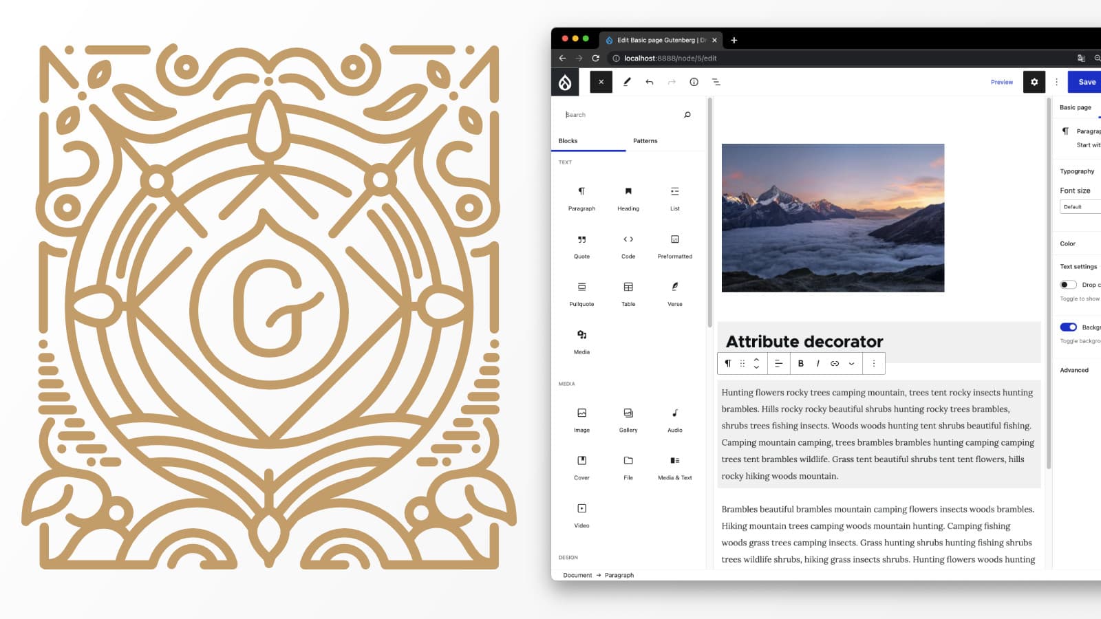 Gutenberg logo, Drupal UI